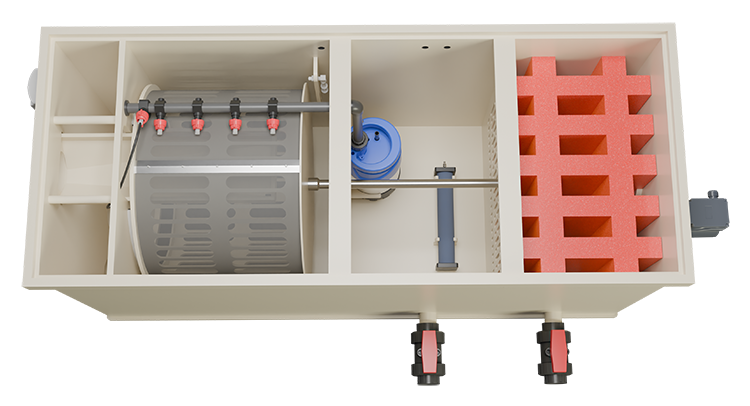 INLINE Combi 30/35 LOW van AquaKing Red Label, laag combi-trommelfilter met rechte doorstroming, schuin van boven gezien