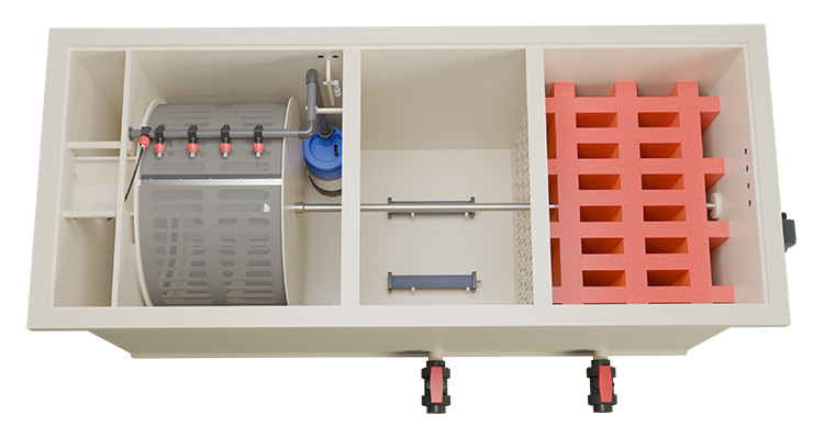 INLINE Combi 50/55 van AquaKing Red Label, het grootste combi-trommelfilter uit de INLINE-serie, schuin van boven gezien