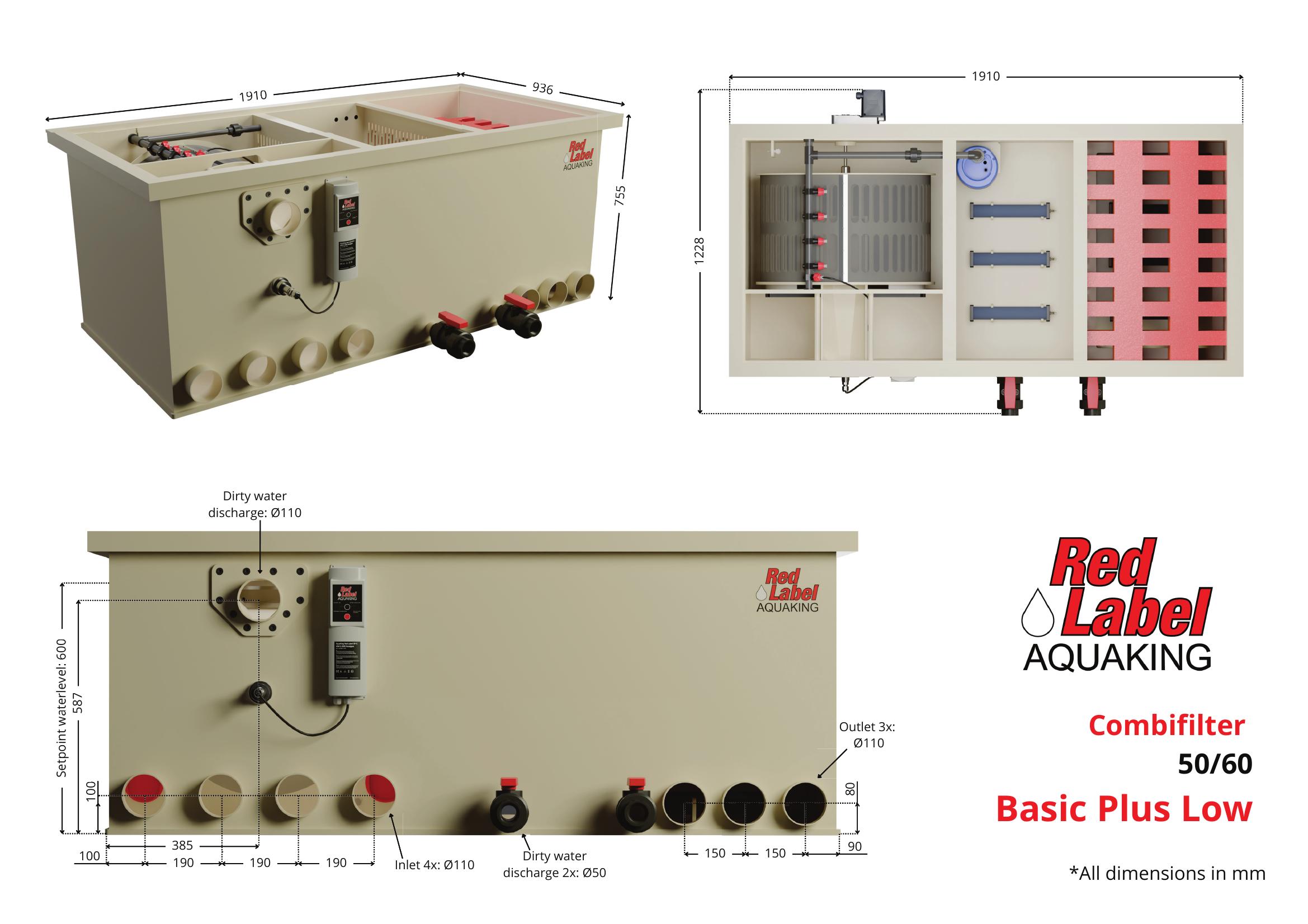 Maattekening van de BASIC Combi 50/60 PLUS LOW, zwaartekrachtopstelling